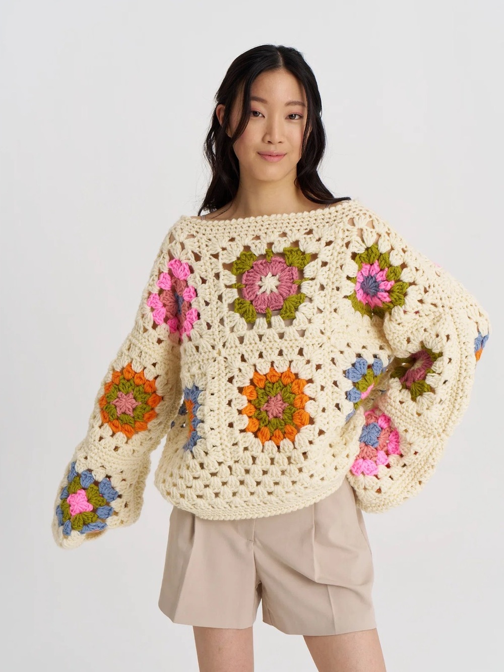 Society Mano Beige Granny Square Crochet Sweater Handmade Like New